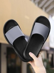 Men Minimalist Single Band Slides, Grey Outdoor PVC Slides - Grey - View 2