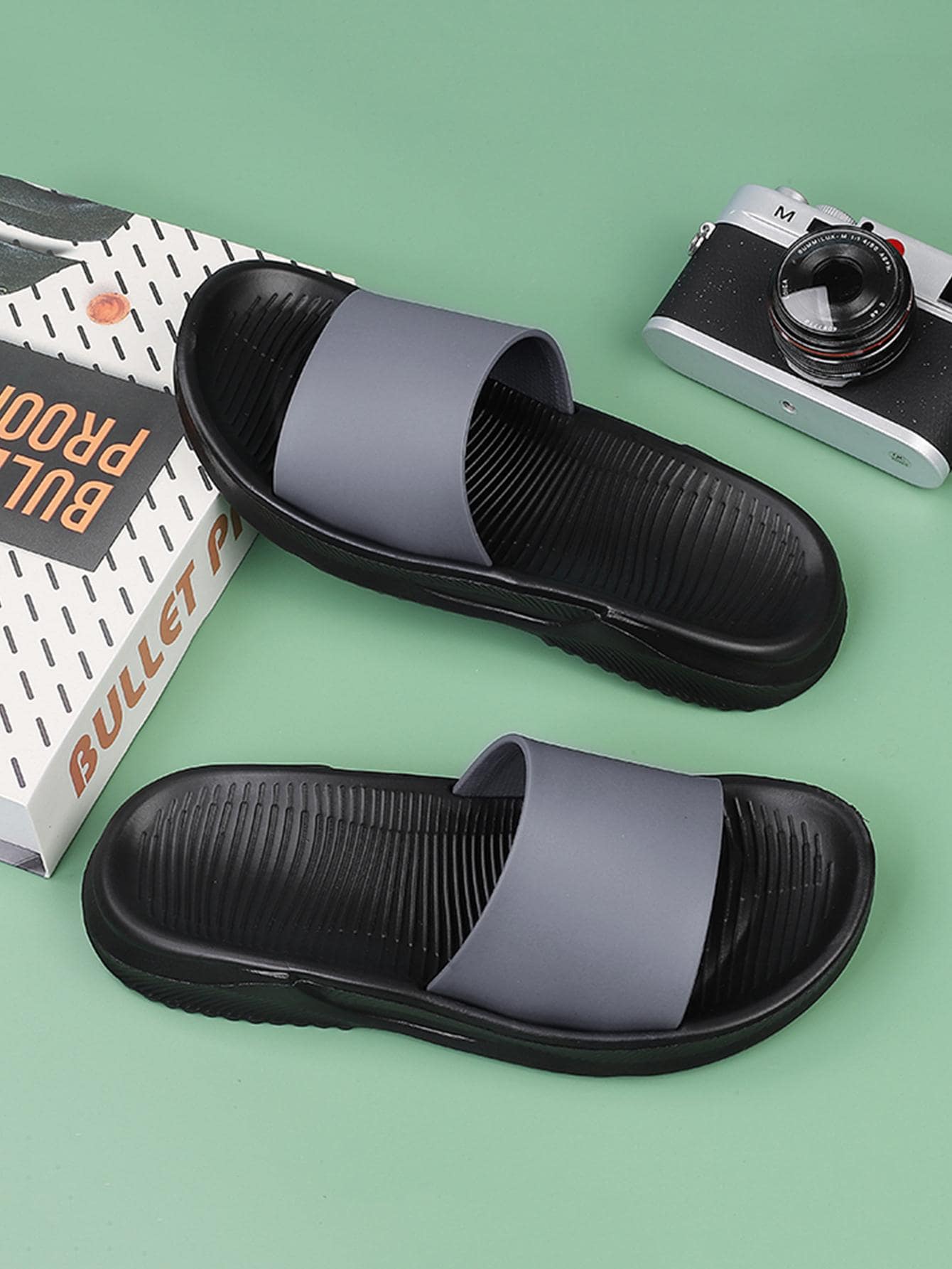 Men Minimalist Single Band Slides, Grey Outdoor PVC Slides - Grey - View 1