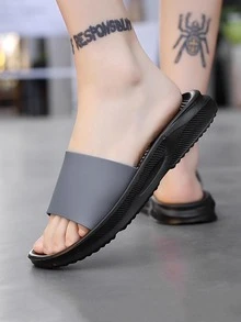 Men Minimalist Single Band Slides, Grey Outdoor PVC Slides - Grey - View 3