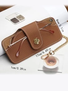 荔枝紋壓花眼鏡套金屬花朵裝飾 - 棕色 - 查看 4