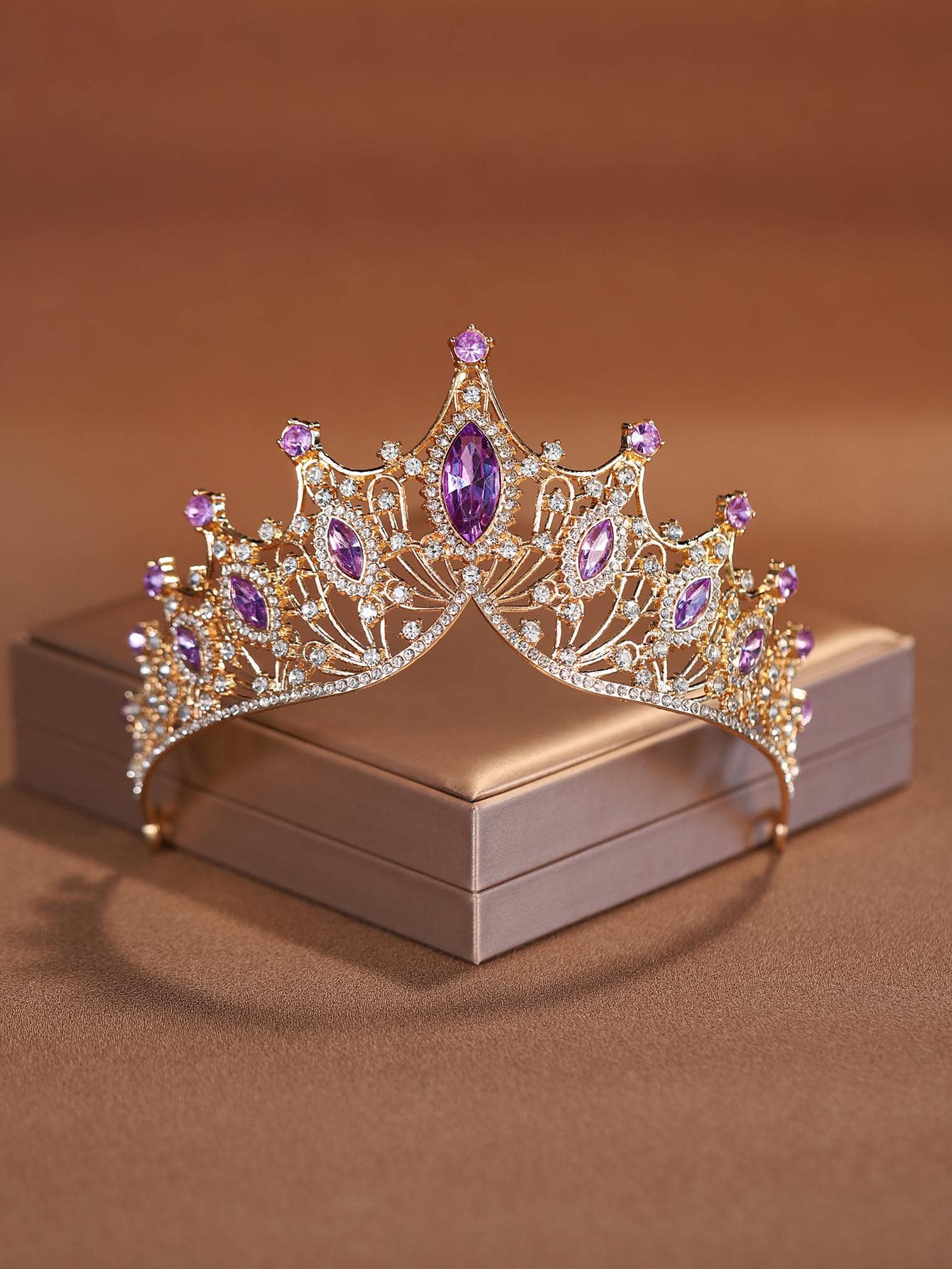 1入時尚精美合金皇冠髮飾，適用於女性婚禮派對裝飾皇家頭飾 - 紫色 - 查看 1