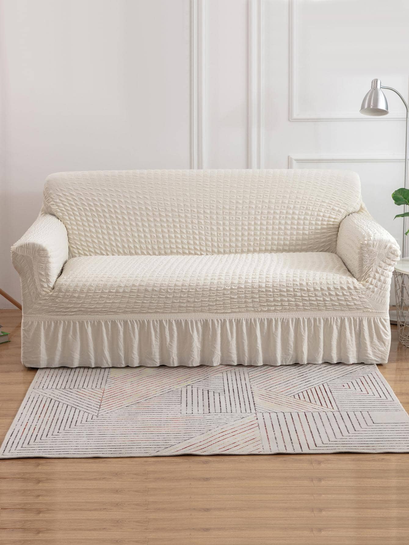 1 Đồng Màu Xù Viền Bọc Sofa, Polyester Hiện Đại Co Giãn Bọc Sofa Cho Gia Đình - trắng - Xem 1
