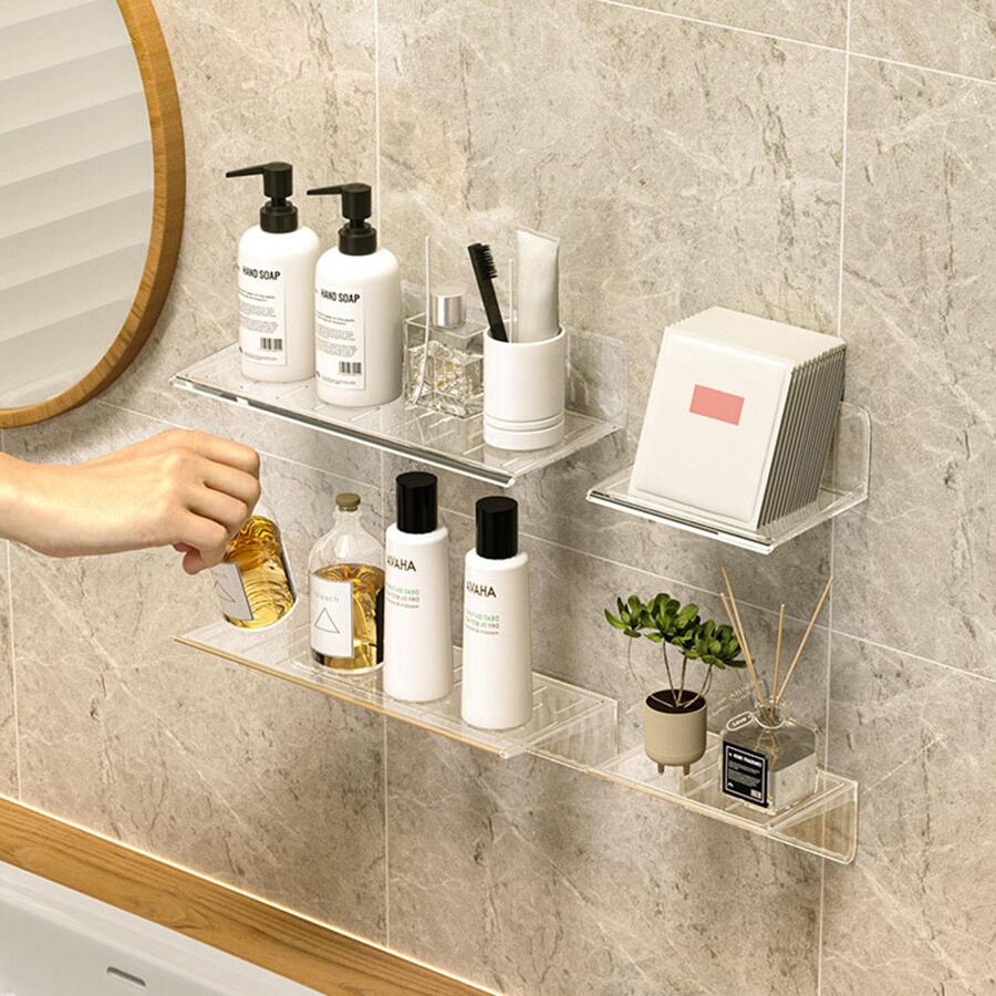 1pc Clear Wall Mounted Bathroom Storage Rack - Clear - View 1