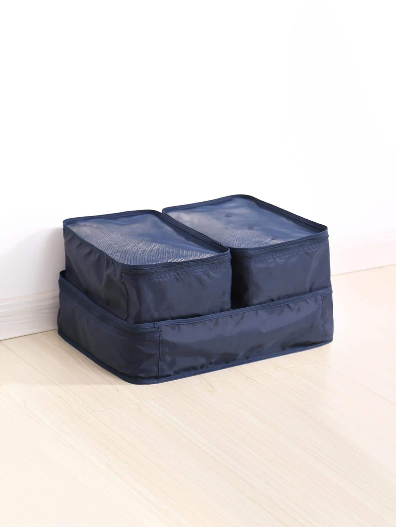 3pcs/set Polyester Portable Travel Luggage Organizer Set For Clothes, Shoes, Underwear And Toiletries - Navy Blue - View 1