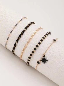 imoli 5入組/套波西米亞鋅合金八角星吊墜腳錬適合女士適用於日常生活 - 黑色 - 查看 3