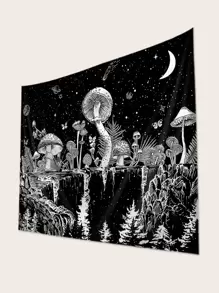 1pc Mushroom Pattern Tapestry, Creative Fabric Multi-Size Hanging Wall Blanket For Home Wall Decor, Flag For Room, Room Decor, Tapestry, Wall Art ,Room Stuffs, Flags For Room, Home Decor, Wall Tapestry - Black and White - View 2