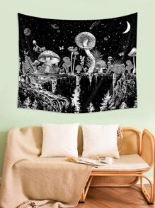 1pc Mushroom Pattern Tapestry, Creative Fabric Multi-Size Hanging Wall Blanket For Home Wall Decor, Flag For Room, Room Decor, Tapestry, Wall Art ,Room Stuffs, Flags For Room, Home Decor, Wall Tapestry - Black and White - View 7
