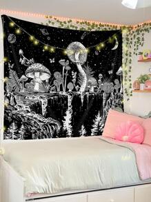 1pc Mushroom Pattern Tapestry, Creative Fabric Multi-Size Hanging Wall Blanket For Home Wall Decor, Flag For Room, Room Decor, Tapestry, Wall Art ,Room Stuffs, Flags For Room, Home Decor, Wall Tapestry - Black and White - View 1