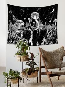 1pc Mushroom Pattern Tapestry, Creative Fabric Multi-Size Hanging Wall Blanket For Home Wall Decor, Flag For Room, Room Decor, Tapestry, Wall Art ,Room Stuffs, Flags For Room, Home Decor, Wall Tapestry - Black and White - View 4