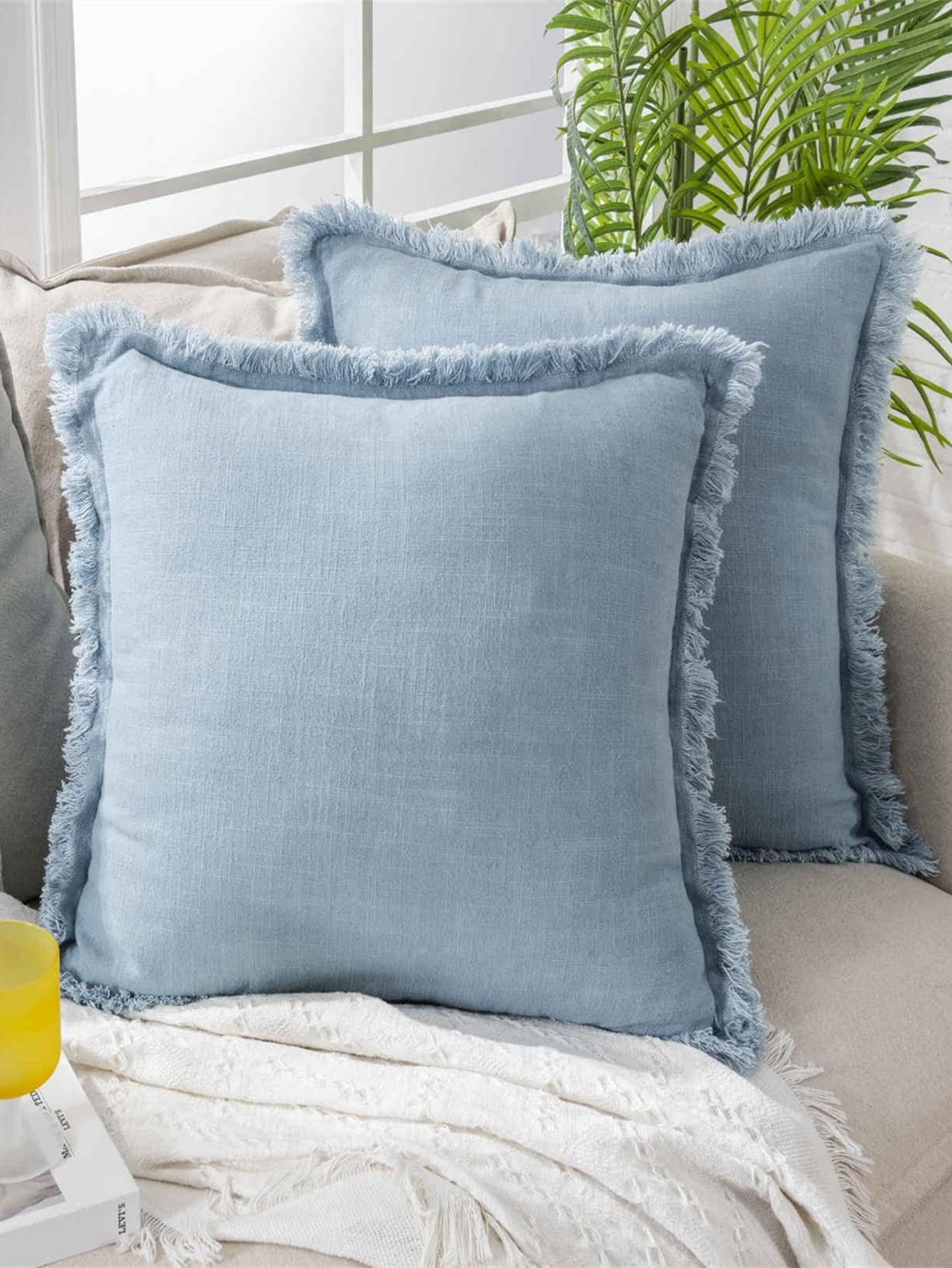 1pc (Without Pillow Insert) Tassel Decor Pillow Cover, Suitable For Sofa - Baby Blue - View 1