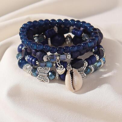 4pcs/Set Bohemian Glass Butterfly Decor Heart Charm Beaded Bracelet For Women For Daily Life