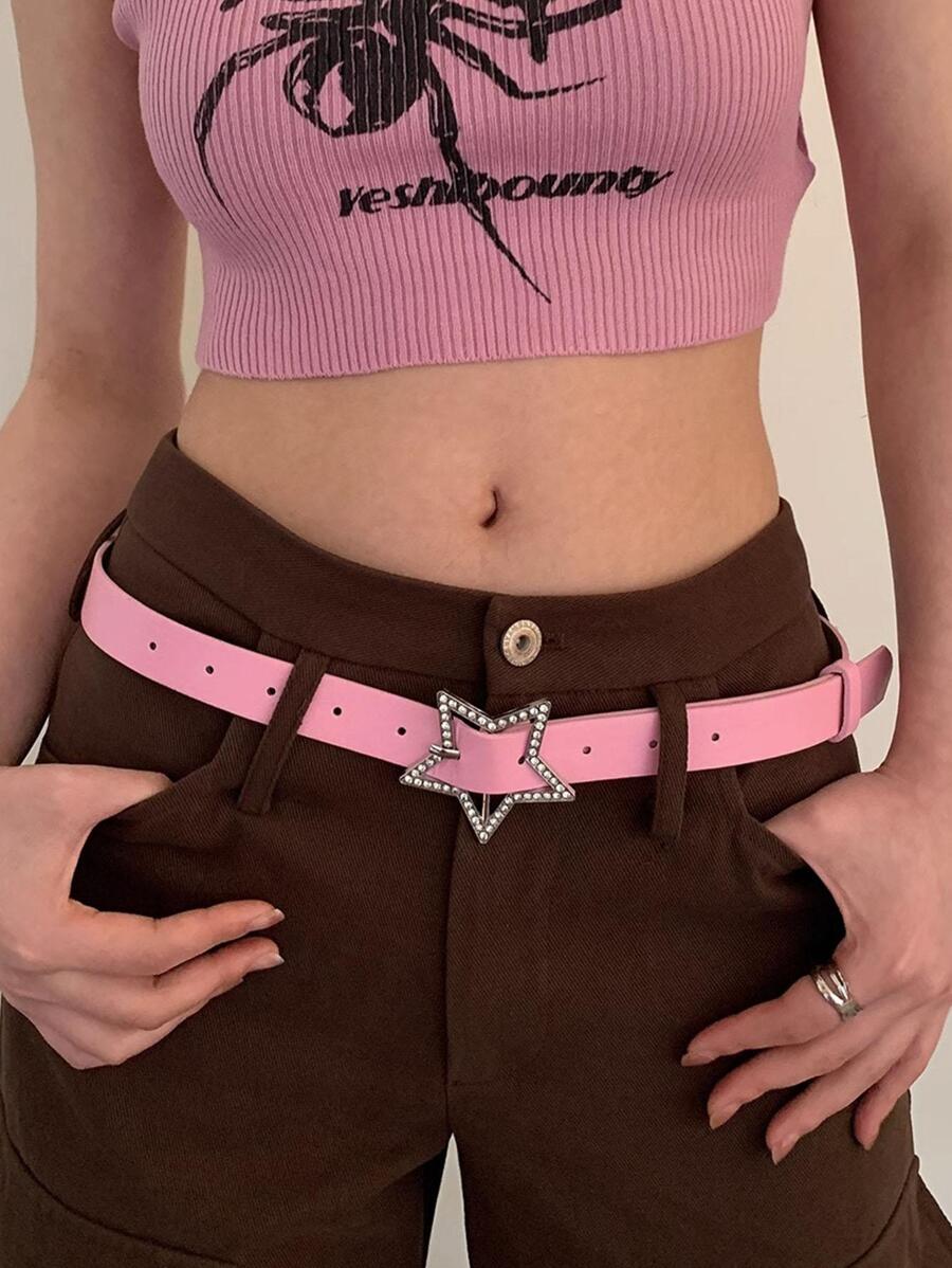 Party 1pc Women Solid Rhinestone Star Buckle Y2K Belt For Summer - Pink - View 1