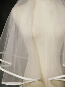 1 件装双层缎边经典简约新娘白色头纱带梳子优雅万圣节 - 白色 - 查看 4