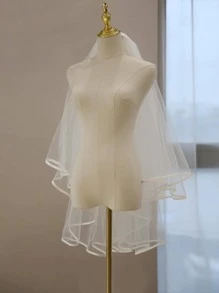 1 件装双层缎边经典简约新娘白色头纱带梳子优雅万圣节 - 白色 - 查看 2