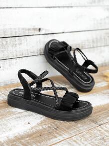 Women Braided Detail Flatform Ankle Strap Sandals, Vacation Black Fabric Wedge Sandals