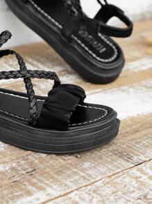Women Braided Detail Flatform Ankle Strap Sandals, Vacation Black Fabric Wedge Sandals