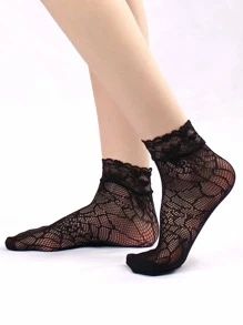 2雙花卉圖案中筒襪 - 黑色 - 查看 4