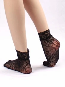 2雙花卉圖案中筒襪 - 黑色 - 查看 3