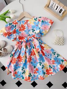 小女童印花泡泡袖連衣裙 - 彩色 - 查看 2