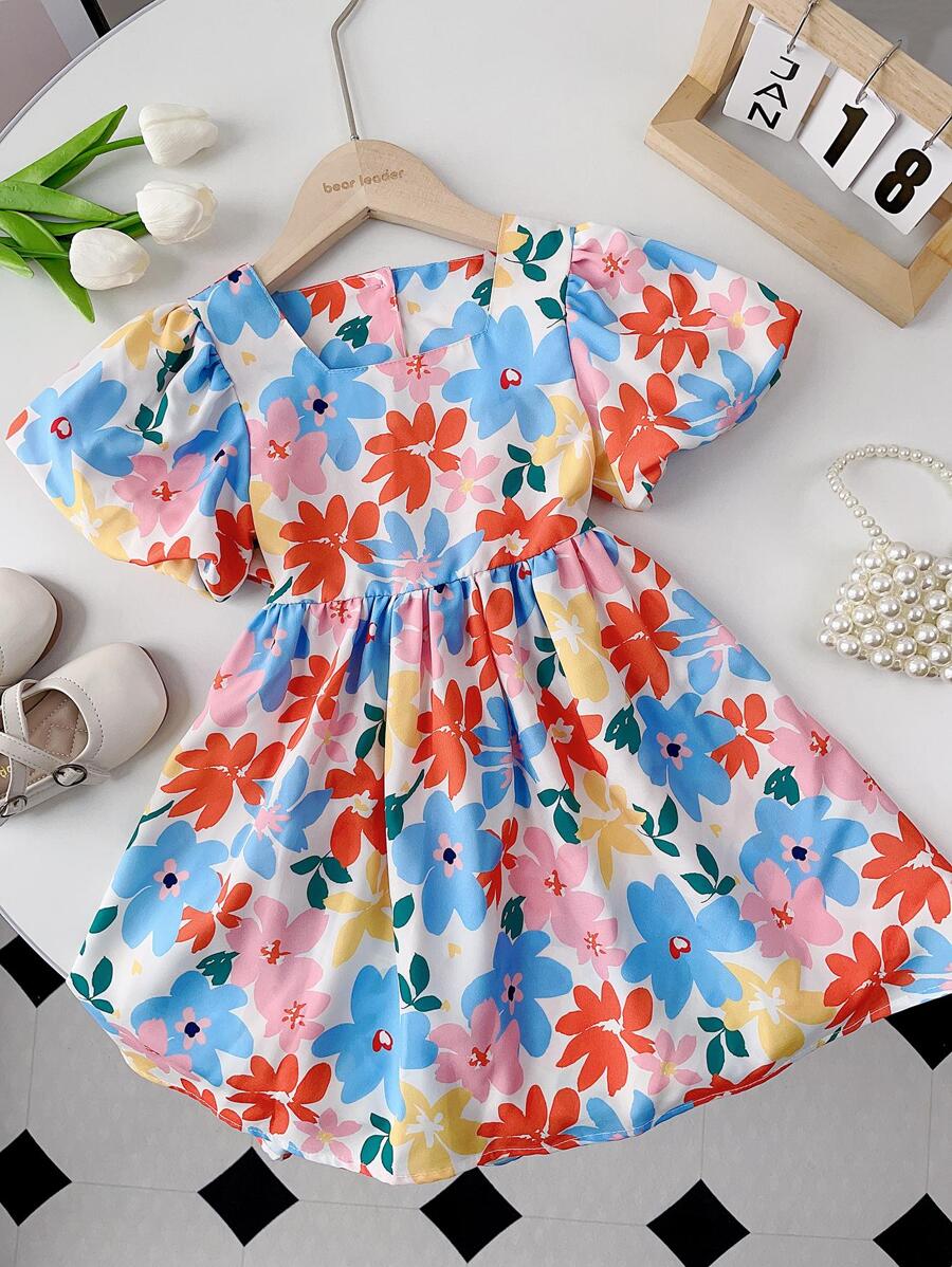 小女童印花泡泡袖連衣裙 - 彩色 - 查看 1