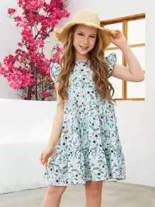 Tween Girl Floral Print Ruffle Trim Smock Dress