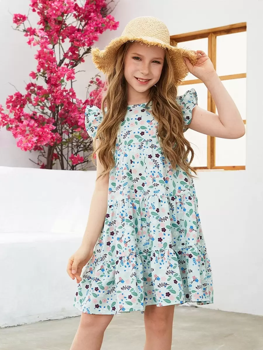 Tween Girl Floral Print Ruffle Trim Smock Dress