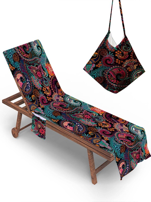 1pc Geometric Pattern Beach Chair Cover With Side Pocket, Vintage Beach