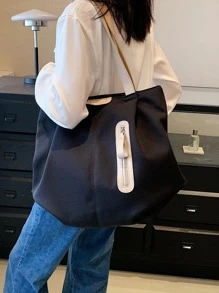 MOBAOFANG 字母貼飾單肩托特包大容量 - 黑色 - 查看 4