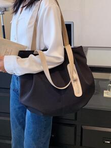 MOBAOFANG 字母貼飾單肩托特包大容量 - 黑色 - 查看 3