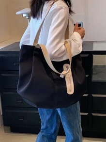 MOBAOFANG 字母貼飾單肩托特包大容量 - 黑色 - 查看 2