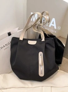 MOBAOFANG 字母貼飾單肩托特包大容量 - 黑色 - 查看 5