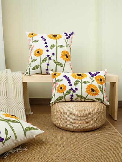 1入組向日葵刺繡織物靠墊套裝飾