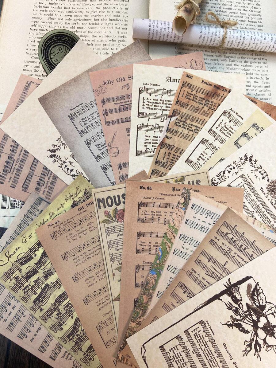 60張樂譜圖案材料紙，用於DIY工藝複古多用途裝飾牛皮紙，手帳 - 彩色 - 查看 1