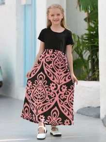Vestido de manga corta con estilo holgado y bohemio, estampado floral de retazos, para vacaciones y casual al aire libre, para niña preadolescente - Rosa - Ver 4
