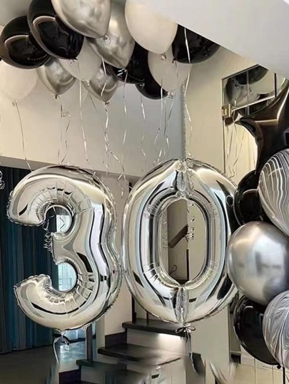 Conjunto de 2 balões gigantes com números de 40 polegadas (10-30), 1 balão metalizado prateado com números de 40 polegadas (0-9), adequado para decoração de aniversário, casamento, aniversário, chá de bebê, festa de festival, além de balão "Feliz Aniversário" de 16 polegadas e fundo de cortina metalizado de 1*2 m