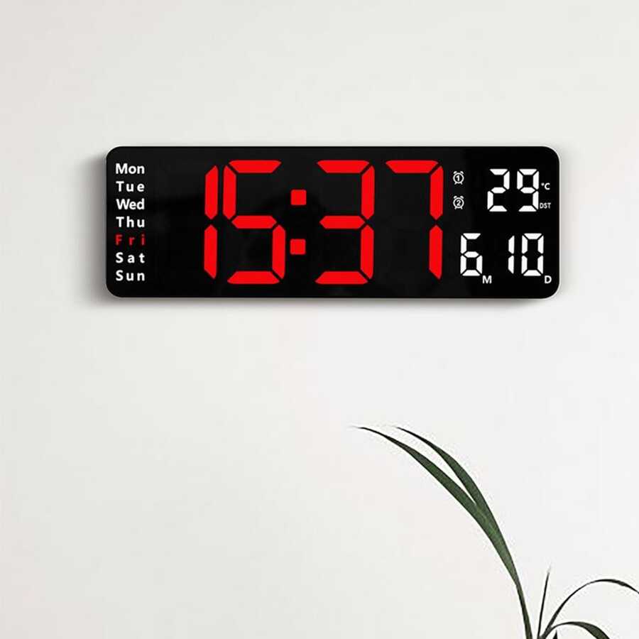 13-inch Led Digital Alarm Clock Time Date Temperature Week Display Wall-mounted Electronic Wall Clock - Red - View 1