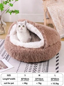 1入組冬季毛絨半封閉寵物床,適用於大型、中型和小型貓狗,附帶毛毯 - 咖啡棕 - 查看 6