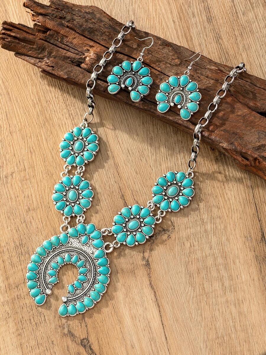 3pcs/set Turquoise Decor Jewelry Set - Blue - View 1