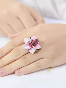 1 件迷人方晶锆石装饰花形戒指，适合女士宴会情人节、妈妈、母亲、母亲节、礼物 - 銀色 - 查看 3