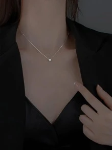 1pc Simple & Geometric Shape Titanium Steel Beaded Pendant Necklace For Women, Unique & Elegant Contemporary Collarbone Chain, Non-fading Cold-tone Gift - Silver - View 2