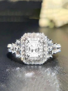 1入組奢華方晶鋯石裝飾戒指適合女士適合派對 - 銀色 - 查看 1