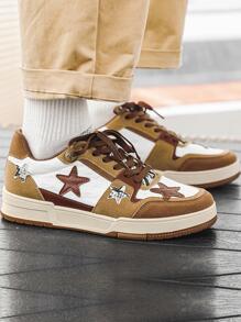 Sporty Skate Shoes For Men, Star Pattern Colorblock Lace-up Front Sneakers - Multicolor - View 1