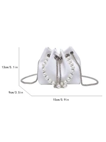 MOBAOFANG Mini Bucket Bag Litchi Embossed Faux Pearl Decor Fashionable Drawstring Chain - White - View 7