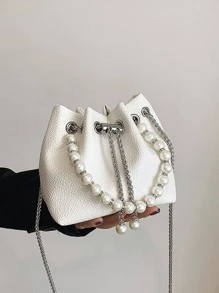 MOBAOFANG Mini Bucket Bag Litchi Embossed Faux Pearl Decor Fashionable Drawstring Chain - White - View 1