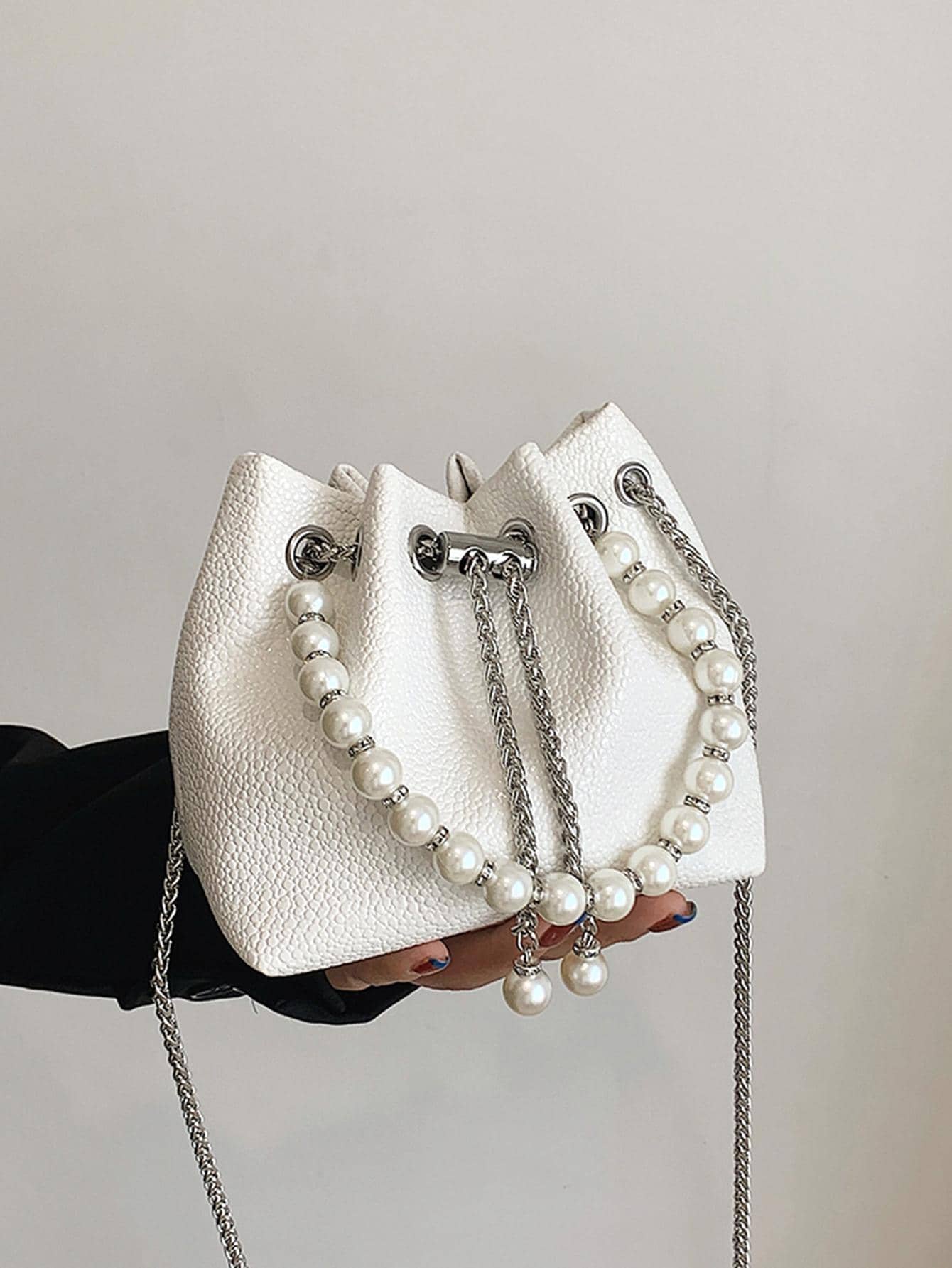 MOBAOFANG Mini Bucket Bag Litchi Embossed Faux Pearl Decor Fashionable Drawstring Chain - White - View 1