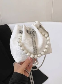 MOBAOFANG Mini Bucket Bag Litchi Embossed Faux Pearl Decor Fashionable Drawstring Chain - White - View 4