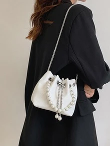 MOBAOFANG Mini Bucket Bag Litchi Embossed Faux Pearl Decor Fashionable Drawstring Chain - White - View 3
