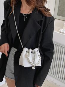 MOBAOFANG Mini Bucket Bag Litchi Embossed Faux Pearl Decor Fashionable Drawstring Chain - White - View 2