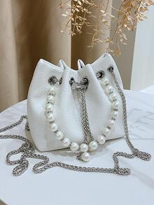 MOBAOFANG Mini Bucket Bag Litchi Embossed Faux Pearl Decor Fashionable Drawstring Chain - White - View 5