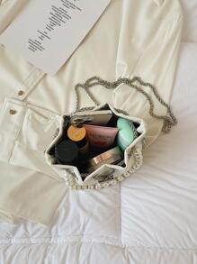 MOBAOFANG Mini Bucket Bag Litchi Embossed Faux Pearl Decor Fashionable Drawstring Chain - White - View 6